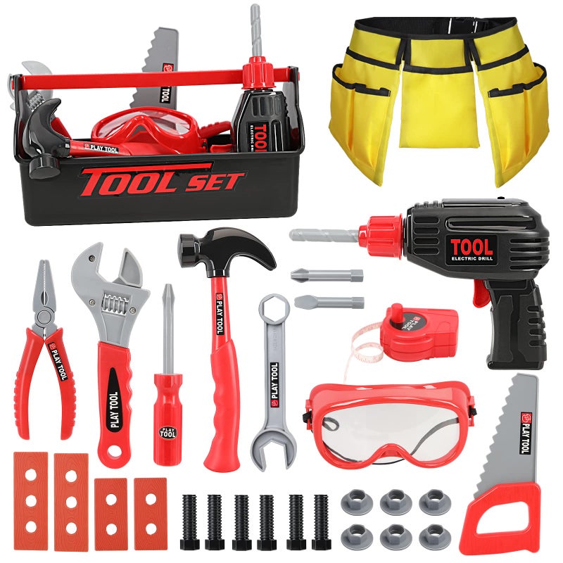 LOYO Kids Tool Set - Pretend Play Construction Toy with Tool Box Kids Tool Belt Electronic Toy Drill Construction Accessories Gift for Toddlers Boys Ages 3 , 4, 5, 6, 7 Years Old (red) - Image 1